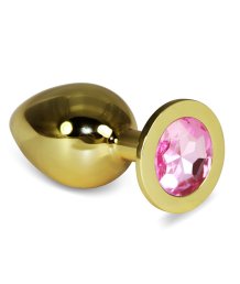 Анальная пробка Gold большая с розовым кристаллом