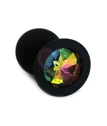 Силиконовая анальная пробка средняя чёрная с разноцветным кристаллом
