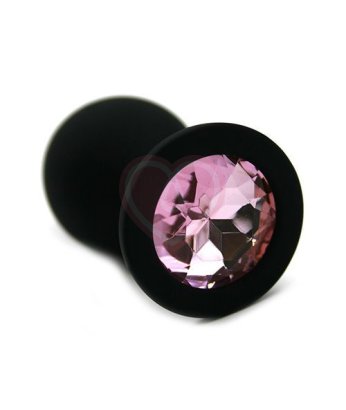 Силиконовая анальная пробка большая чёрная с розовым кристаллом