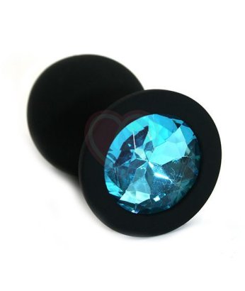 Силиконовая анальная пробка средняя чёрная с голубым кристаллом