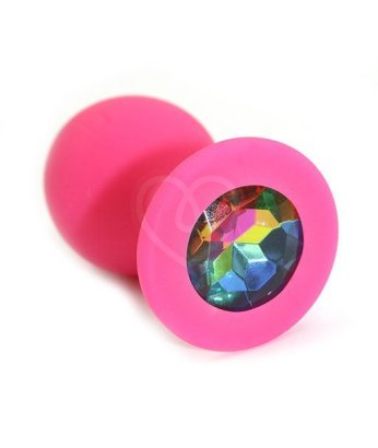 Силиконовая анальная пробка средняя розовая с разноцветным кристаллом