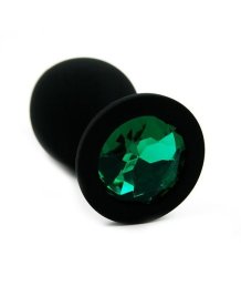 Силиконовая анальная пробка средняя чёрная с зелёным кристаллом