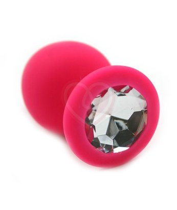 Силиконовая анальная пробка средняя розовая с прозрачным кристаллом