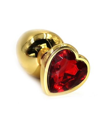 Большая золотая алюминиевая анальная пробка Large с красным стразом сердечком