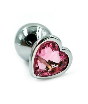 Алюминиевая анальная пробка средняя с розовым кристаллом сердечком