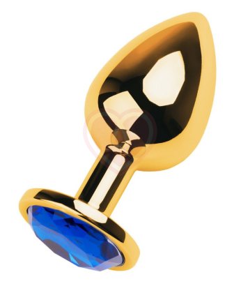 Золотая анальная пробка со стразом синего цвета ToyFa Metal большая