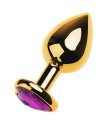 Золотая анальная пробка с фиолетовым кристаллом сердечком ToyFa Metal большая
