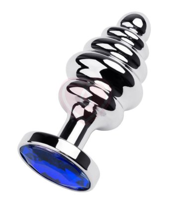 Спиральная анальная пробка с кристаллом синего цвета ToyFa Metal средняя