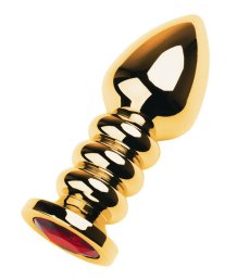 Золотая анальная пробка со спиральной ножкой и красным стразом ToyFa Metal