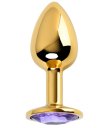 Золотая анальная мини пробка со стразом фиолетового цвета ToyFa Metal