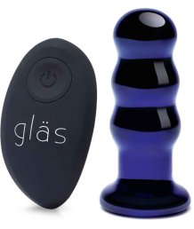 Стеклянная рельефная анальная вибропробка с пультом Glas Beaded Buttplug синяя