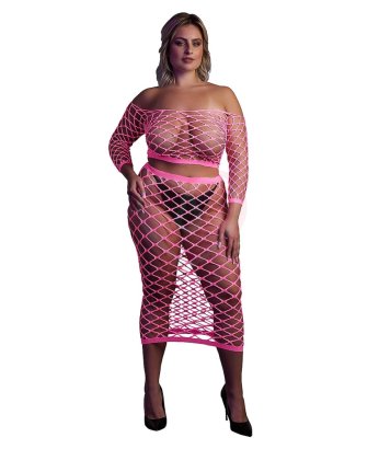 Топ и юбка в сетку Ouch Glow Plus size светящиеся в темноте розовый неон
