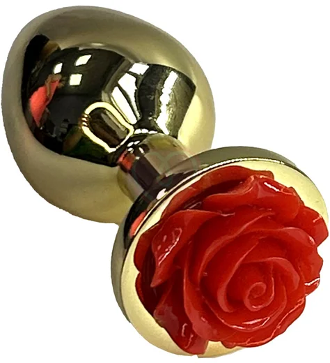 Золотая анальная пробка с красной розочкой Kanikule Medium фото 1
