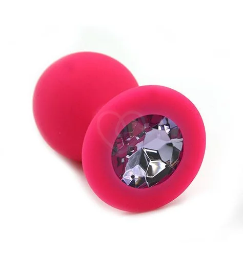 Силиконовая анальная пробка средняя розовая с сиреневым кристаллом фото 1