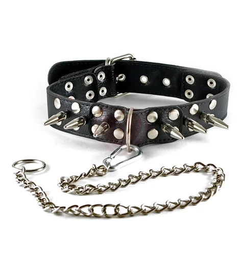 Кожаный ошейник с шипами и поводком Sitabella чёрный фото 1