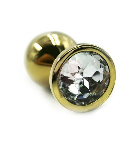 Маленькая золотая алюминиевая анальная пробка Small с прозрачным стразом фото 1