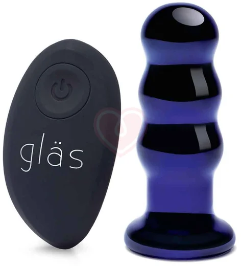 Стеклянная рельефная анальная вибропробка с пультом Glas Beaded Buttplug синяя фото 1