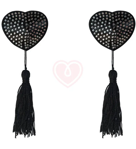 Пэстисы Burlesque Evans сердечки с кисточками чёрные с серебром фото 1