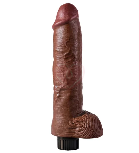 Гнущийся вибратор реалистик на присоске с мошонкой King Cock Vibrating 20 см коричневый фото 1