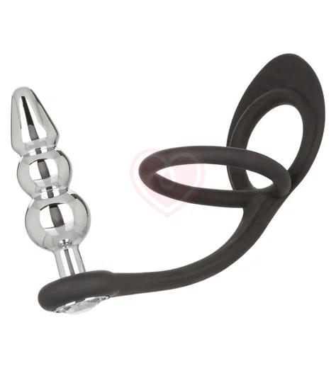 Рельефная анальная пробка с кристаллом и двойным эрекционным кольцом фото 1