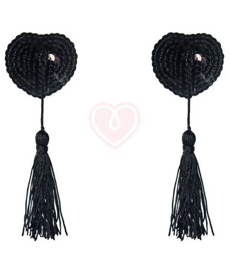 Пэстисы Burlesque Gipsy сердечки из пайеток с длинными кисточками чёрные фото 1