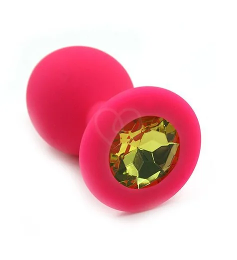 Силиконовая анальная пробка средняя розовая с жёлтым кристаллом фото 1