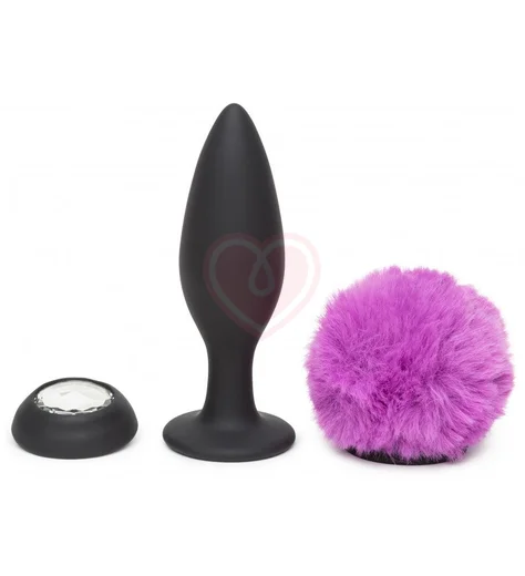Большая анальная пробка с хвостом и кристаллом Happy Rabbit чёрно-фиолетовая фото 1