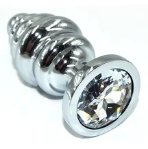 Ребристая анальная пробка Medium с прозрачным кристаллом