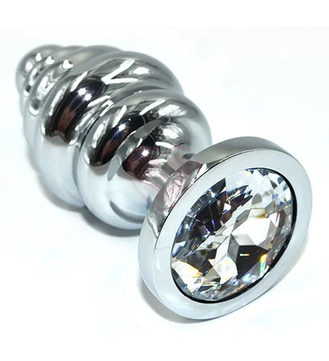 Ребристая анальная пробка Medium с прозрачным кристаллом фото 1