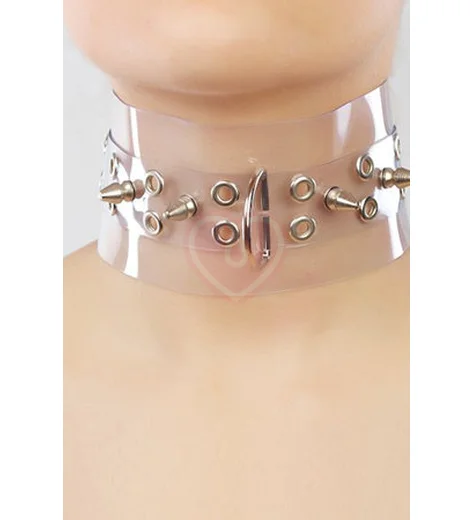 Ошейник широкий прозрачный с металлическими кольцами и шипами фото 1