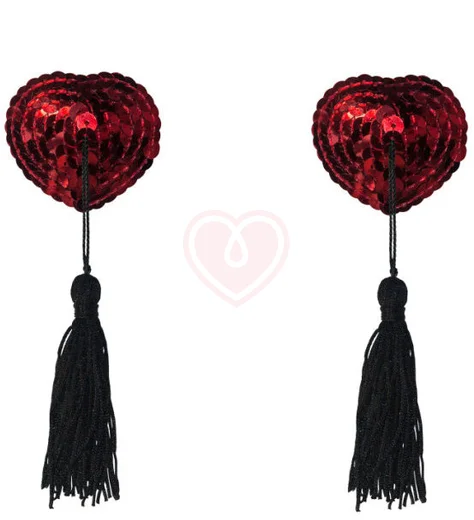 Пэстисы Burlesque Gipsy сердечки из пайеток с длинными кисточками красные с чёрным фото 1