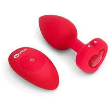 Анальная пробка с кристаллом сердцем и вибрацией b-Vibe Heart Shape Jewel Plug M/L красная