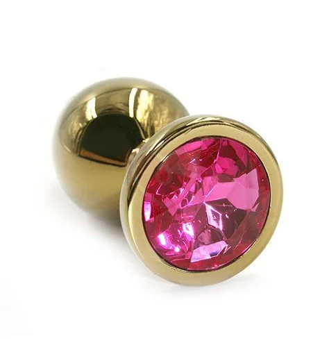 Маленькая золотая алюминиевая анальная пробка Small с малиновым стразом фото 1