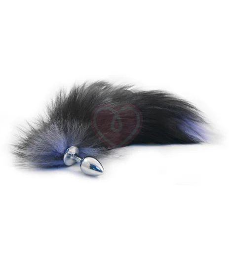 Анальная пробка из алюминия с хвостом из натурального чёрного меха фото 1