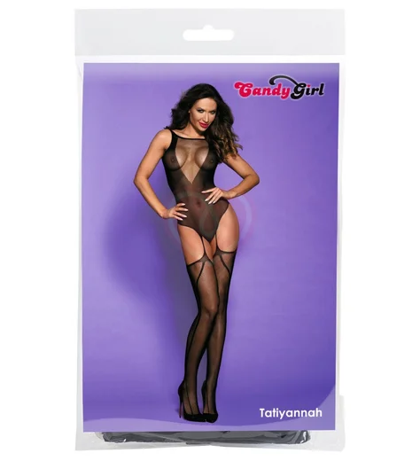 Костюм-сетка с имитацией боди и чулок чёрный фото 4