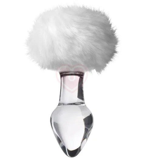 Стеклянная анальная пробка с белым кроличьим хвостиком Sexus Glass прозрачная фото 1