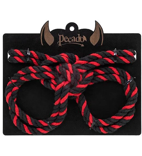 Наручники-оковы из хлопковой веревки Pecado BDSM Узел-альфа черно-красные фото 4