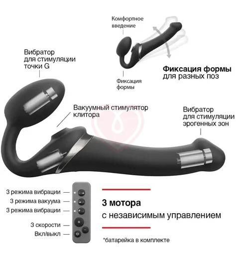 Безремневой страпон с вакуумной стимуляцией и пультом Strap-On-Me Multi Orgasm XL чёрный фото 3