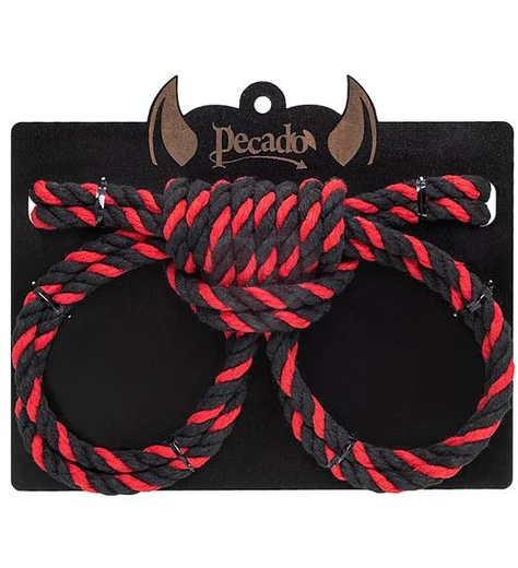 Наручники-оковы из хлопковой веревки Pecado BDSM Узел-омега черно-красные фото 4