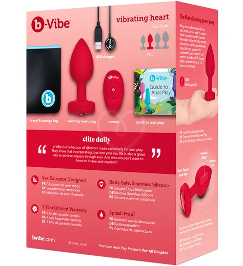 Анальная пробка с кристаллом сердцем и вибрацией b-Vibe Heart Shape Jewel Plug M/L красная фото 14