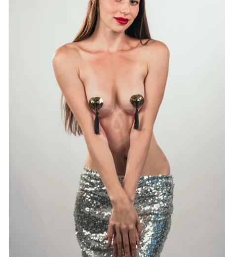 Пэстисы Burlesque Gipsy сердечки из пайеток с длинными кисточками золотые фото 4