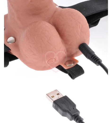 Полый реалистичный фаллопротез с вибрацией Hollow Rechargeable Strap-on with Balls 20 см мулат фото 4