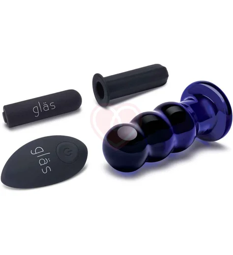 Стеклянная рельефная анальная вибропробка с пультом Glas Beaded Buttplug синяя фото 2