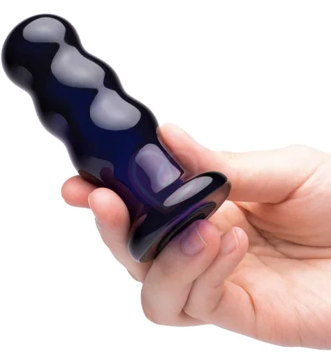 Стеклянная рельефная анальная вибропробка с пультом Glas Beaded Buttplug синяя фото 4