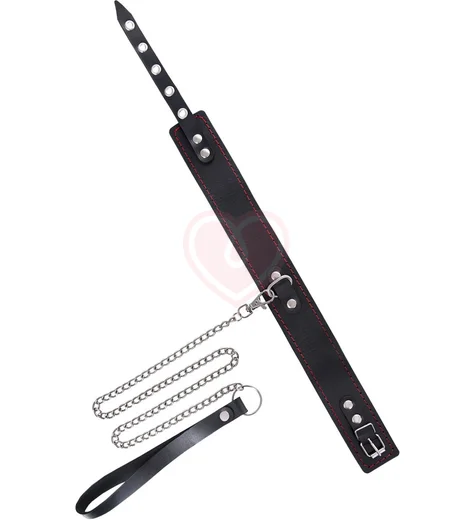 Ошейник с поводком и красной строчкой Pecado BDSM черный фото 2