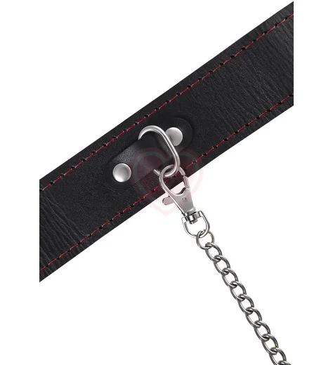 Ошейник с поводком и красной строчкой Pecado BDSM черный фото 8