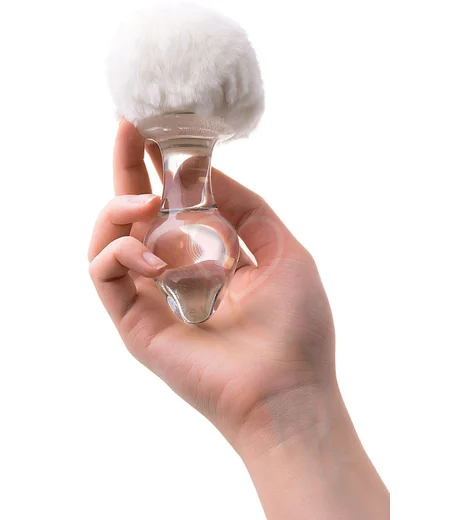 Стеклянная анальная пробка с белым кроличьим хвостиком Sexus Glass прозрачная фото 3