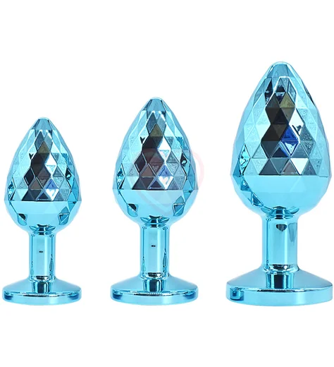 Текстурная алюминиевая анальная пробка Kanikule Medium с кристаллом голубая фото 2