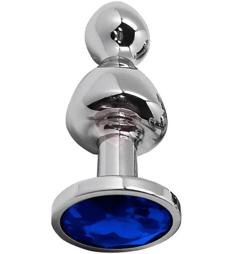 Анальная пробка с двойным изгибом Wooomy Lollypop S с синим кристаллом фото 1