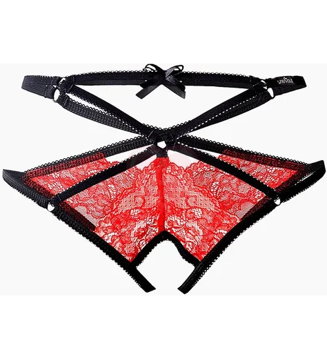 Трусики с открытым доступом из кружева и узких лент Easy To Love красные с чёрным фото 4